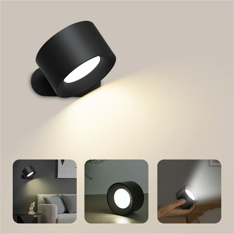 Lampa ścienna do wnętrz, lampa LED z dotykowym portem USB do ładowania, dotykowa, obracająca się o 360° (czarna)