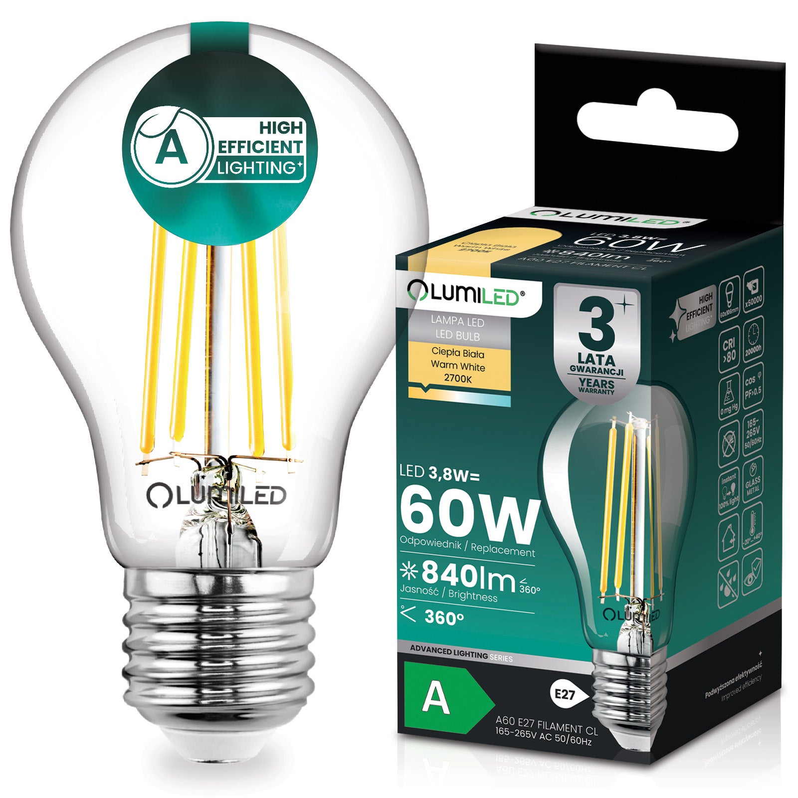 Żarówka LED Lumiled E27 A60 3.8 W 840 lm 2700K Ciepła biel 360st Filament KLASA A