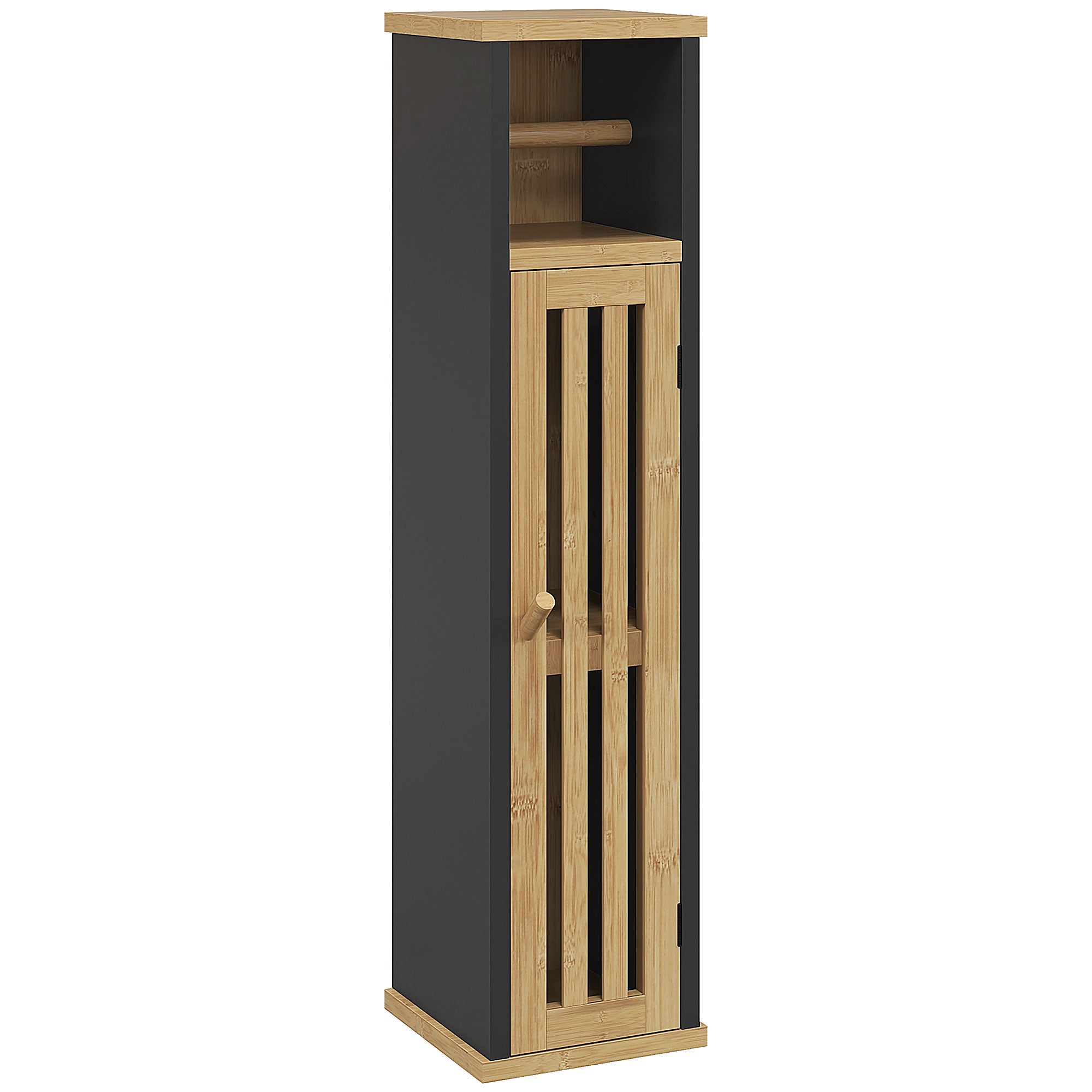Szafka łazienkowa z otwartą półką i szafką, bambus i MDF, 18 x 18 x 75 cm, wykończenie w kolorze czarnym i drewnianym