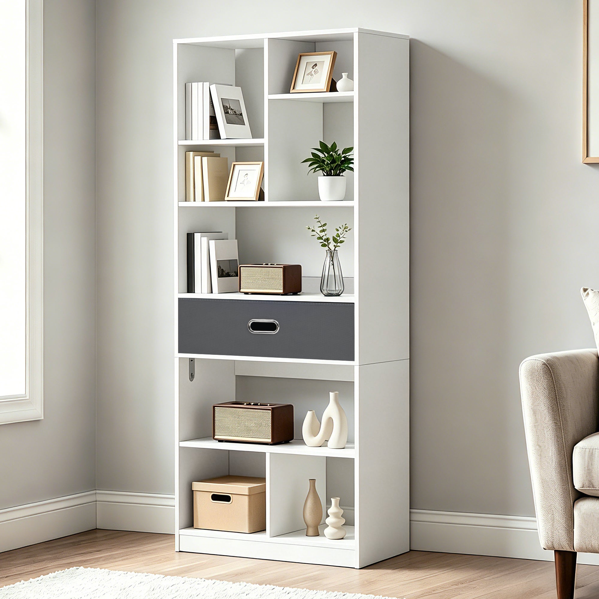YITAHOME Duży regał z 7 kostkami + 1 materiałowa szuflada, biały 60x24x170 cm