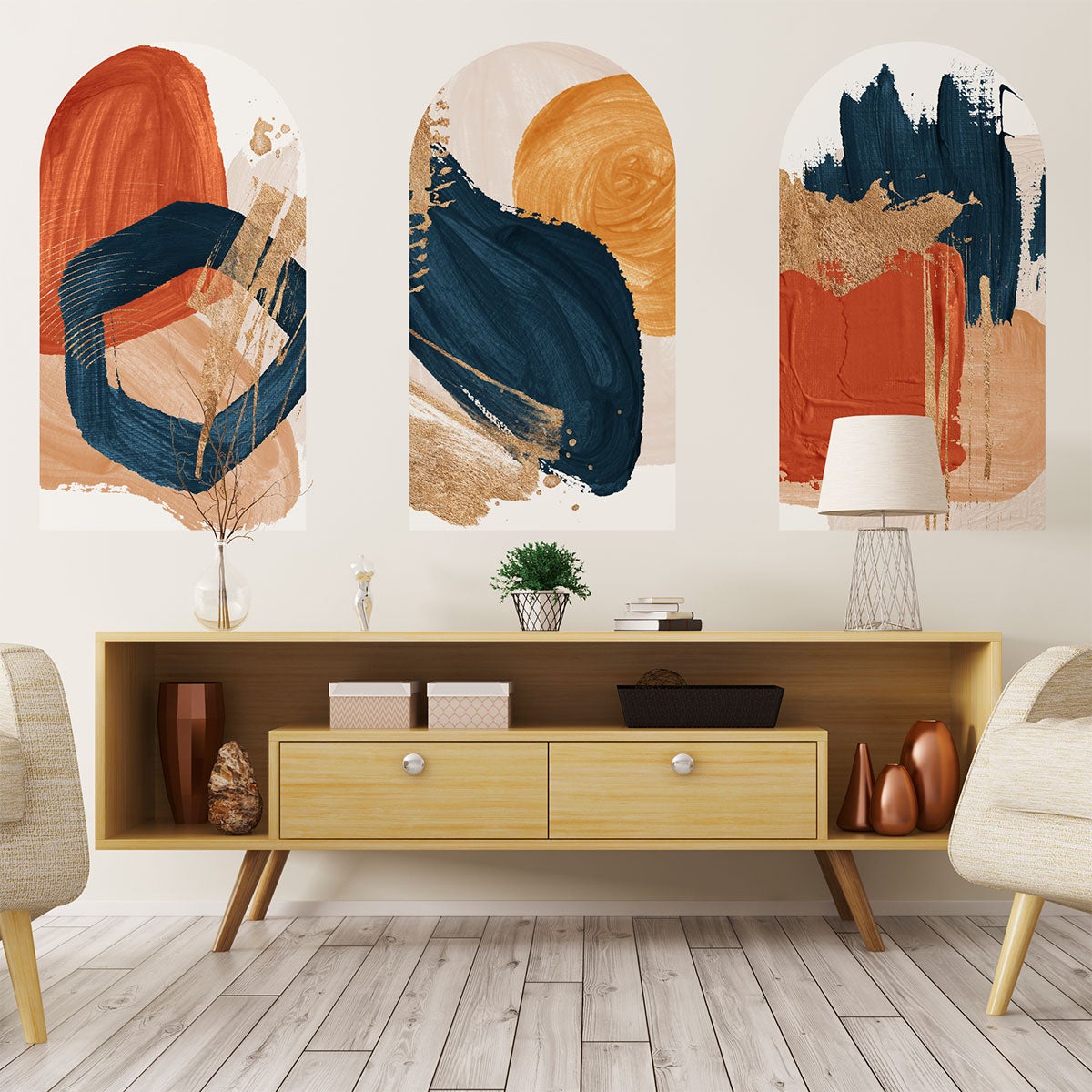 Tapeta włókninowa z wklejonymi, dużymi muralami - ABSTRAKCYJNE CZERWONE I NIEBIESKIE ŁUKI - 120x180 cm