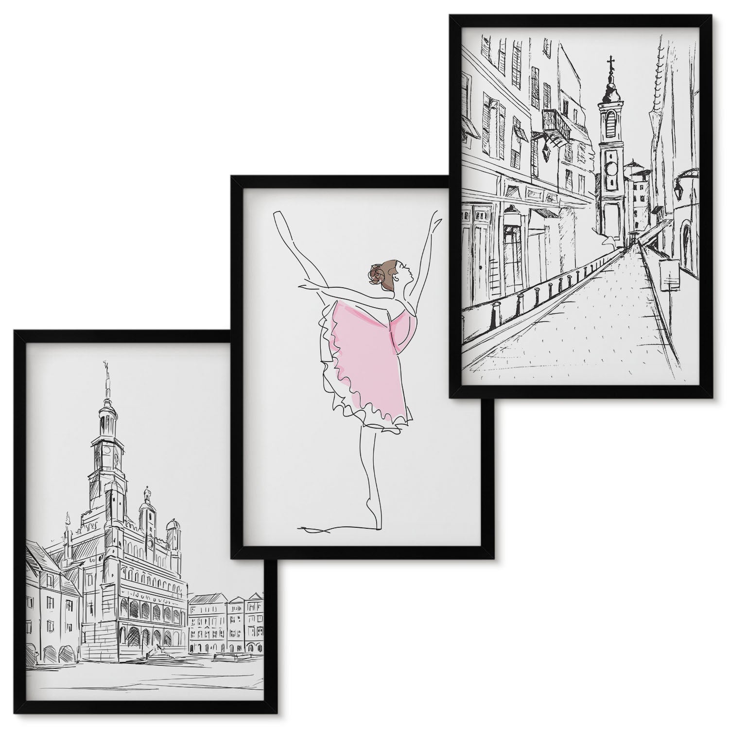 Zestaw obrazów w ramie - 3 części | Stylowe obrazy z tańczącą baletnicą i architekturą | Czarna ramka