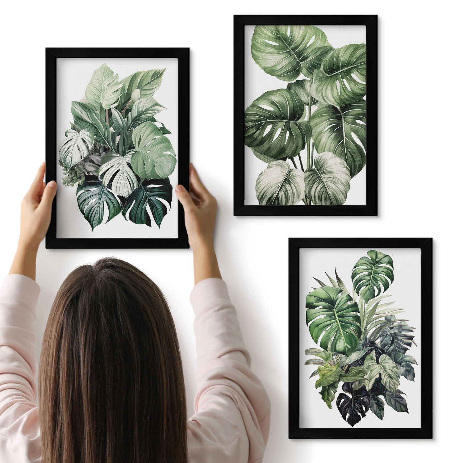 Galeria ścienna 3-częściowy komplet obrazów w czarnych ramach - Zielone liście roślin tropikalnych akwarele - ArtPrintCave