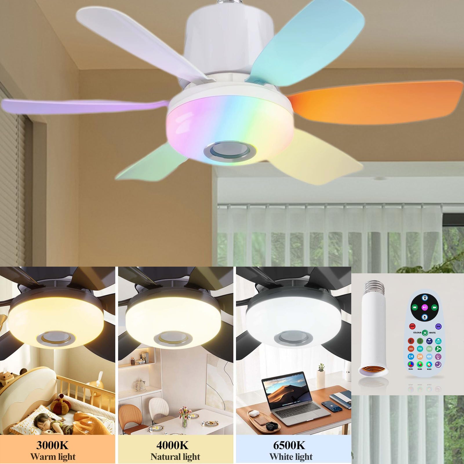 Wentylator sufitowy LED RGB z pilotem i przedłużaczem, 3000 K-6500 K, 3 prędkości, wyłącznik czasowy, cichy, do sypialni lub salonu, kolorowy