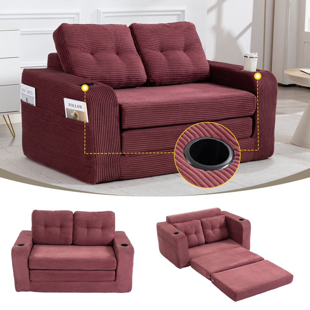 2-osobowa sofa beżowa z prążkowanego weluru, rozkładana, z uchwytami na kubki, kieszeniami bocznymi i pikowanymi poduszkami
