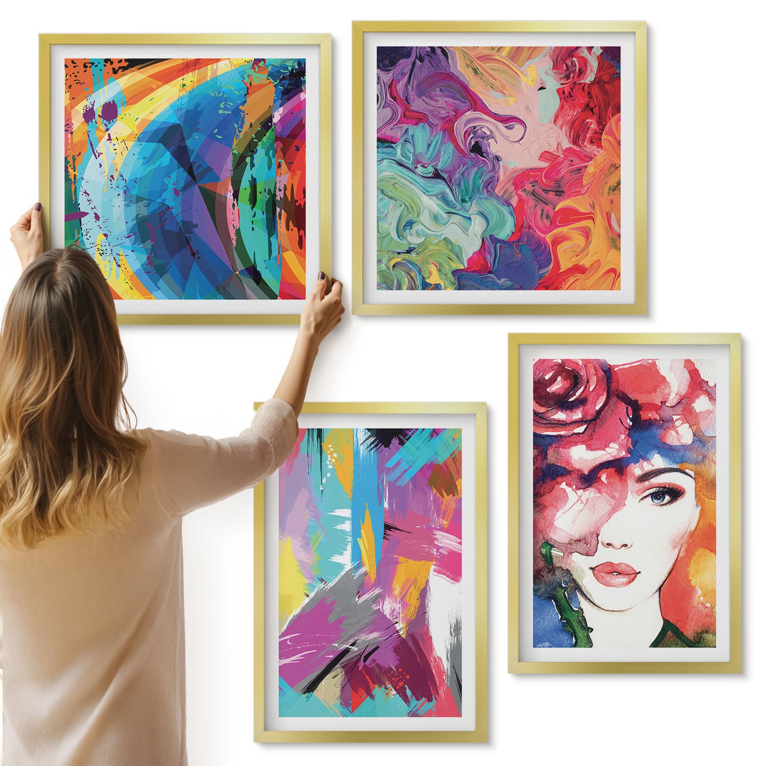Galeria ścienna 4-częściowy komplet obrazów w złotych ramach - Kolorowe abstrakcje farb portret kobiety - ArtPrintCave