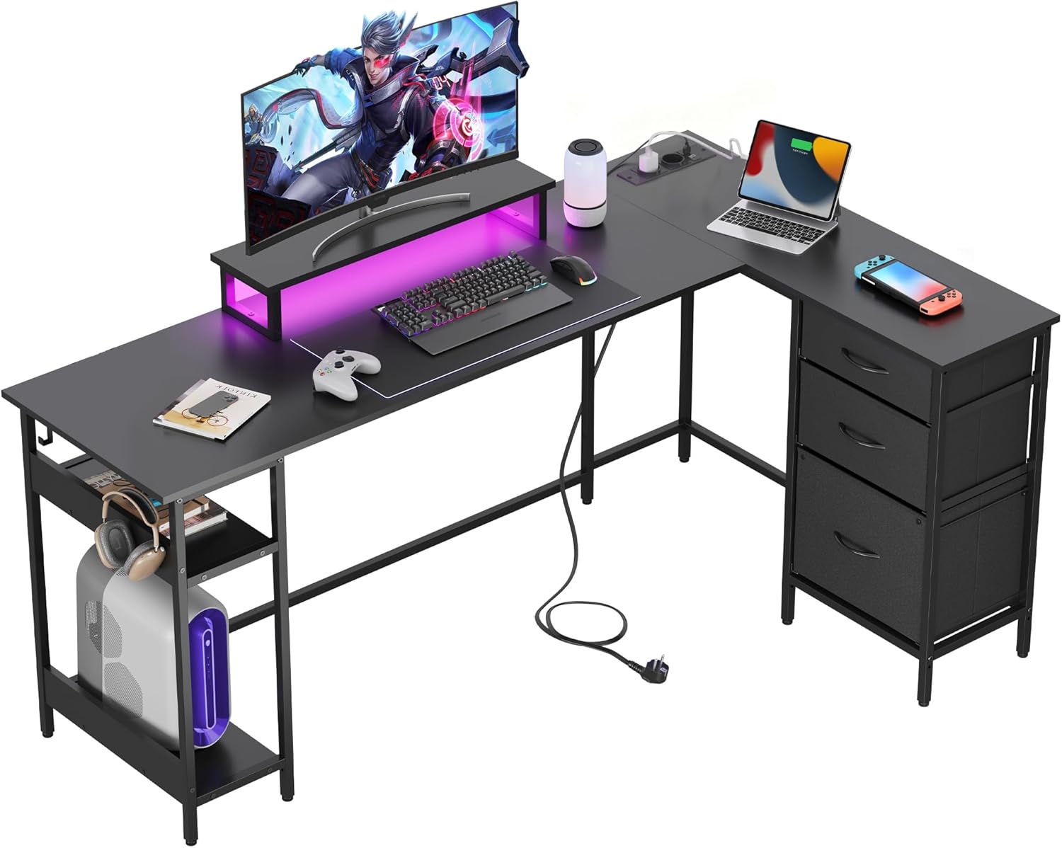 DEVAISE biurko narożne L 168x103 cm, szuflady, gniazdko USB, przestronne komputerowe, biuro sypialnia