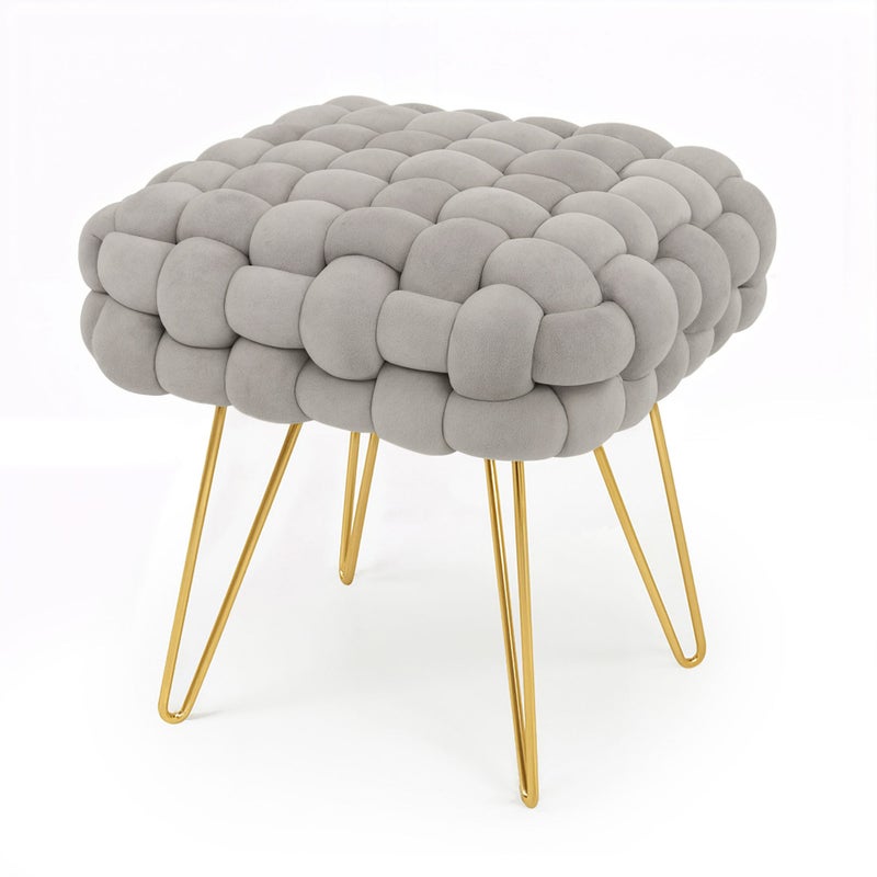 Pufa z plecioną tapicerką welurowa 38 cm DOTTY Jasny Szary