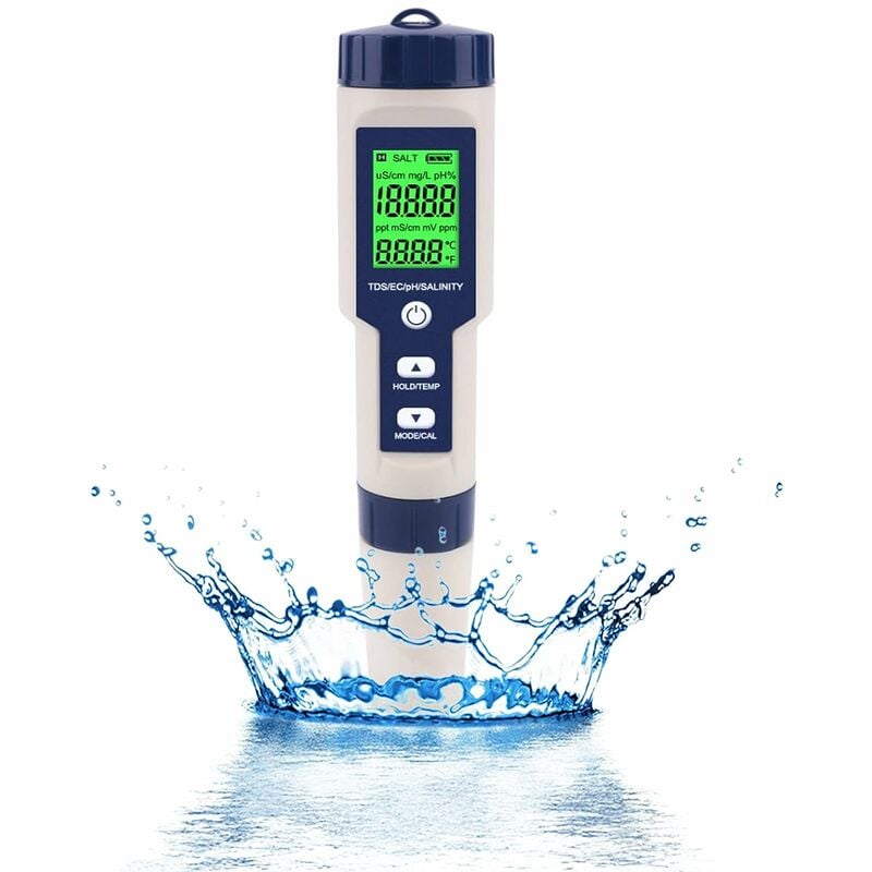 Elektroniczny miernik pH 5 w 1, mierzy pH, TDS, EC, zasolenie i temperaturę; tester jakości wody; ekran LCD