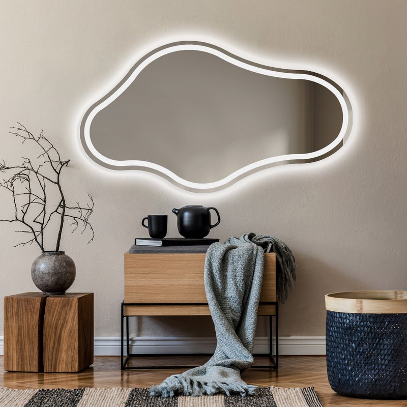 Podświetlane lustro łazienkowe - Asymetryczne lustro 154x84cm - Lustro łazienkowe LED z oświetleniem - Chłodna biel 7000K (CHM223)