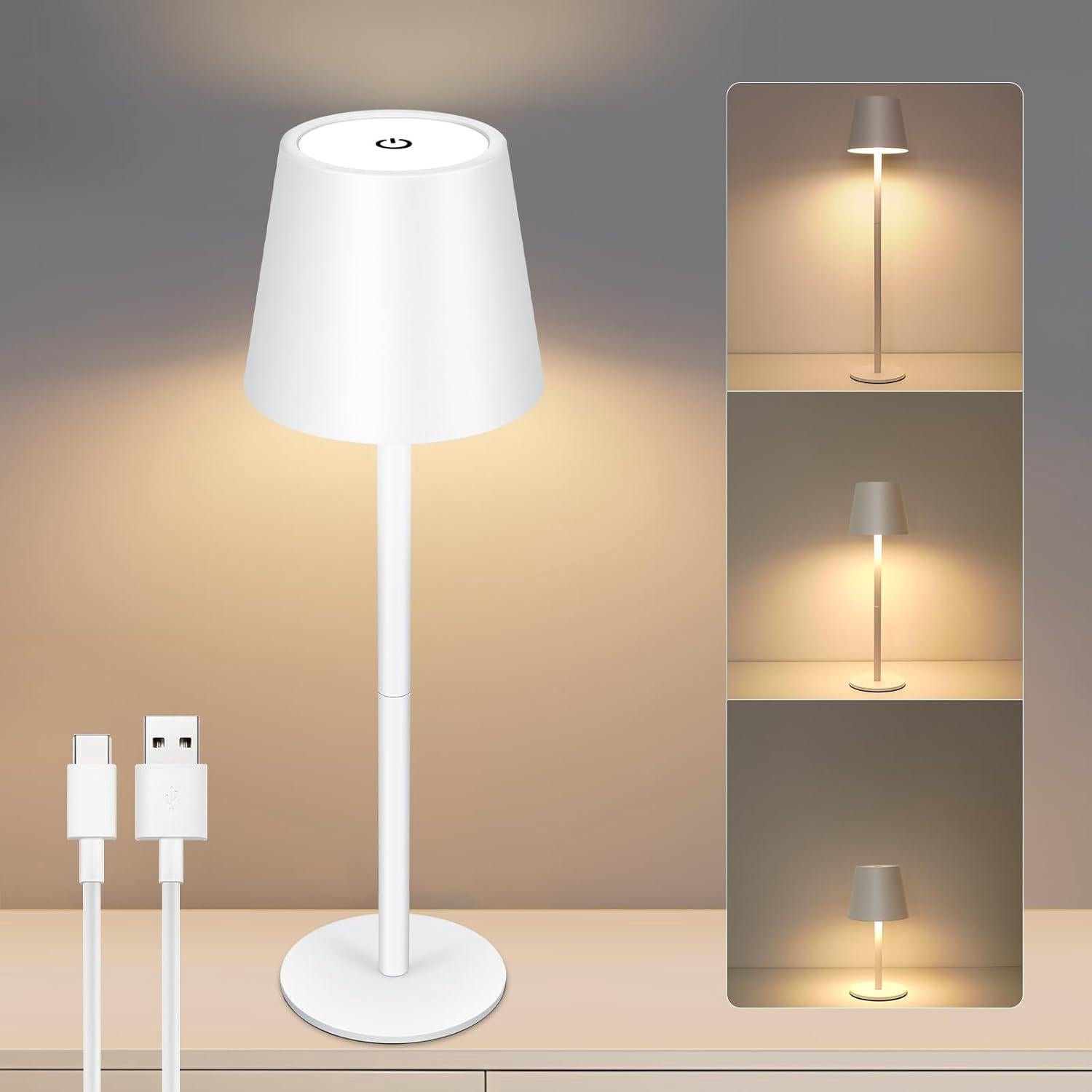 Bezprzewodowa, ściemnialna lampka biurkowa, 3-kolorowa dioda LED dotykowa, z USB-C, wodoodporna IP54 (biała) [Klasa energooszczędności F]