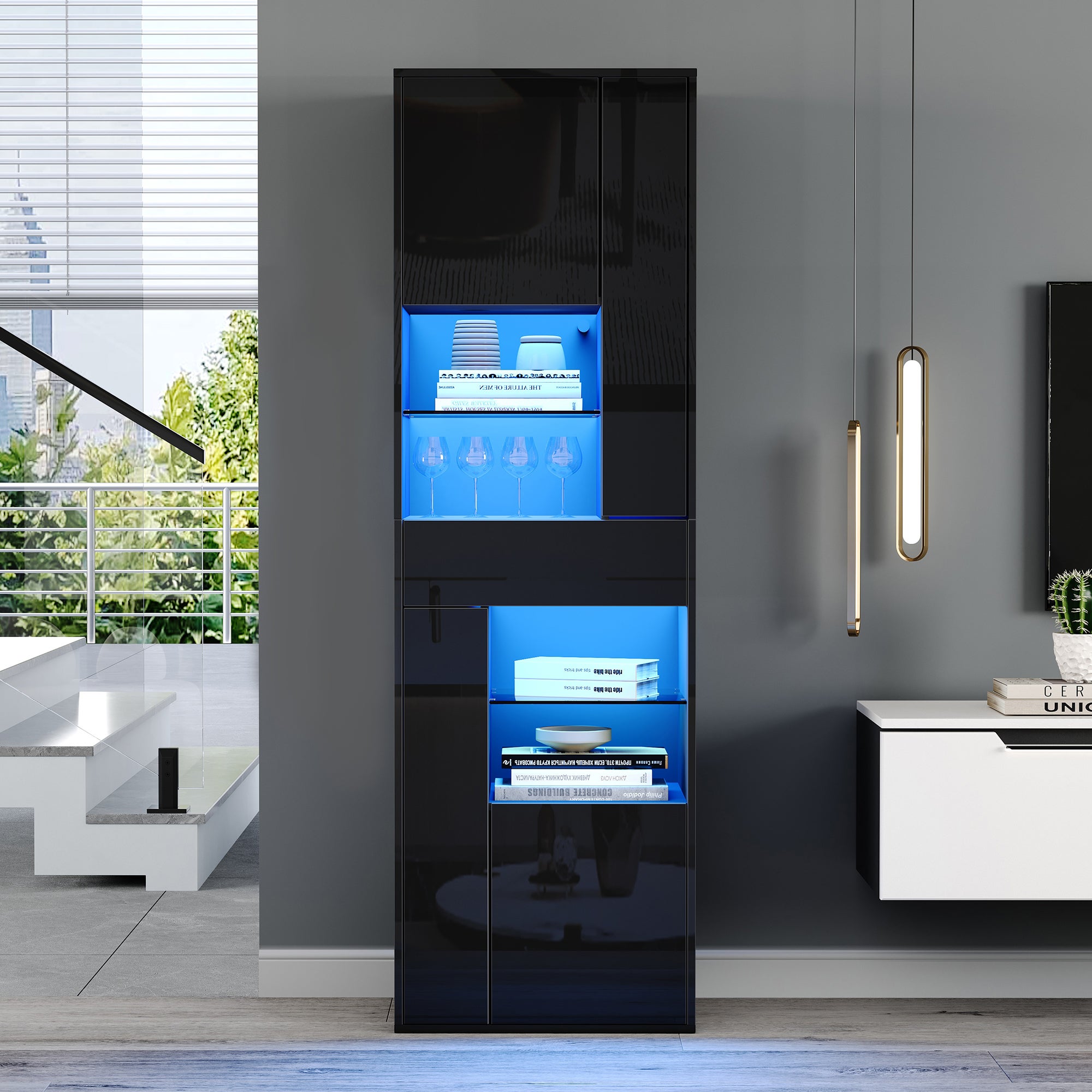 Witryna połysk 55x38x170 cm - 1 szuflada i 4 drzwi - z oświetleniem LED - czarna