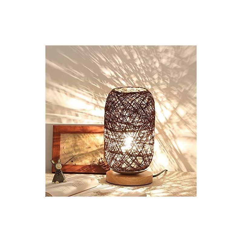Nowoczesna lampka nocna z bambusa i rattanu - nowoczesna i kreatywna lampa stołowa z drewnianą podstawą - lampa LED z regulacją jasności