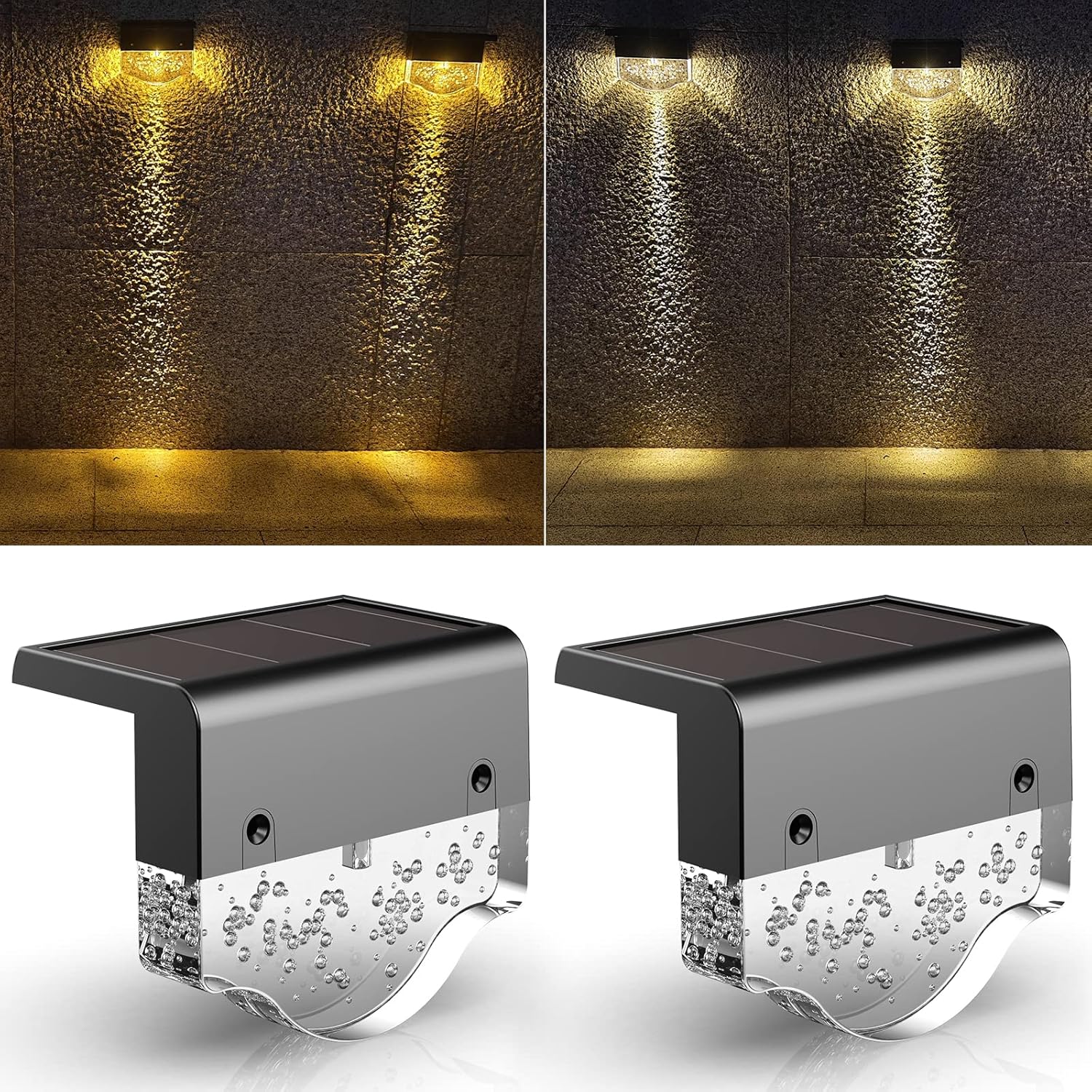 Zestaw 2 wodoodpornych lamp solarnych LED do ogrodu, dekoracyjne oświetlenie ścienne do schodów, podwórza i tylnego tarasu