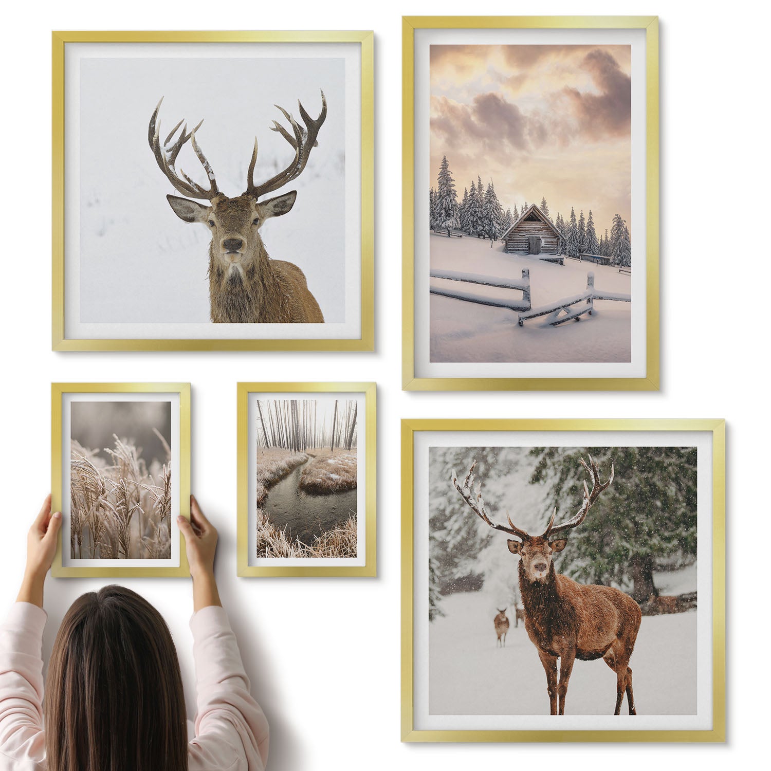 Galeria ścienna 5-częściowy komplet obrazów w złotych ramach - Zimowe krajobrazy z jeleniem i sielskim domkiem w lesie - ArtPrintCave