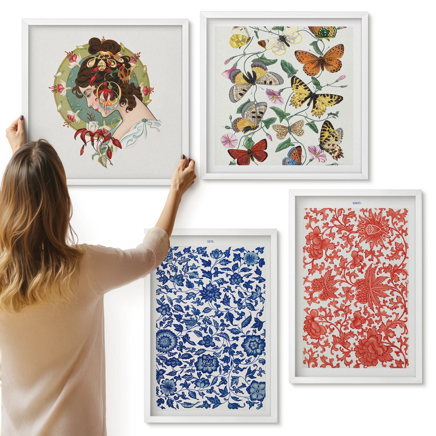 Galeria ścienna 4-częściowy komplet obrazów w białych ramach - Vintage kwiaty motyle i ornamenty postery - ArtPrintCave