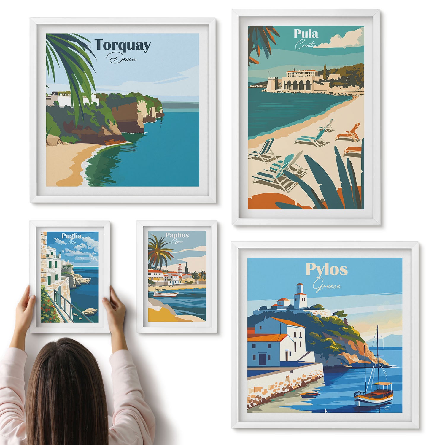 Galeria ścienna 5-częściowy komplet obrazów w białych ramach - Krajobrazy nadmorskie z urokliwymi miejscami Europy - ArtPrintCave