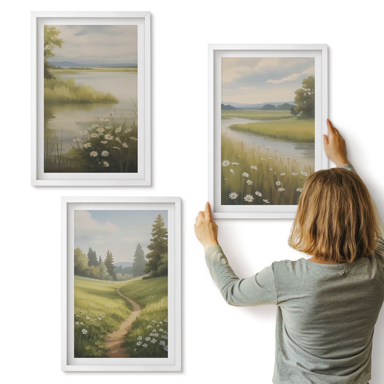 Galeria ścienna 3-częściowy komplet obrazów w białych ramach - Wiosenny krajobraz z rzeką ścieżką i łąką kwiatów - ArtPrintCave