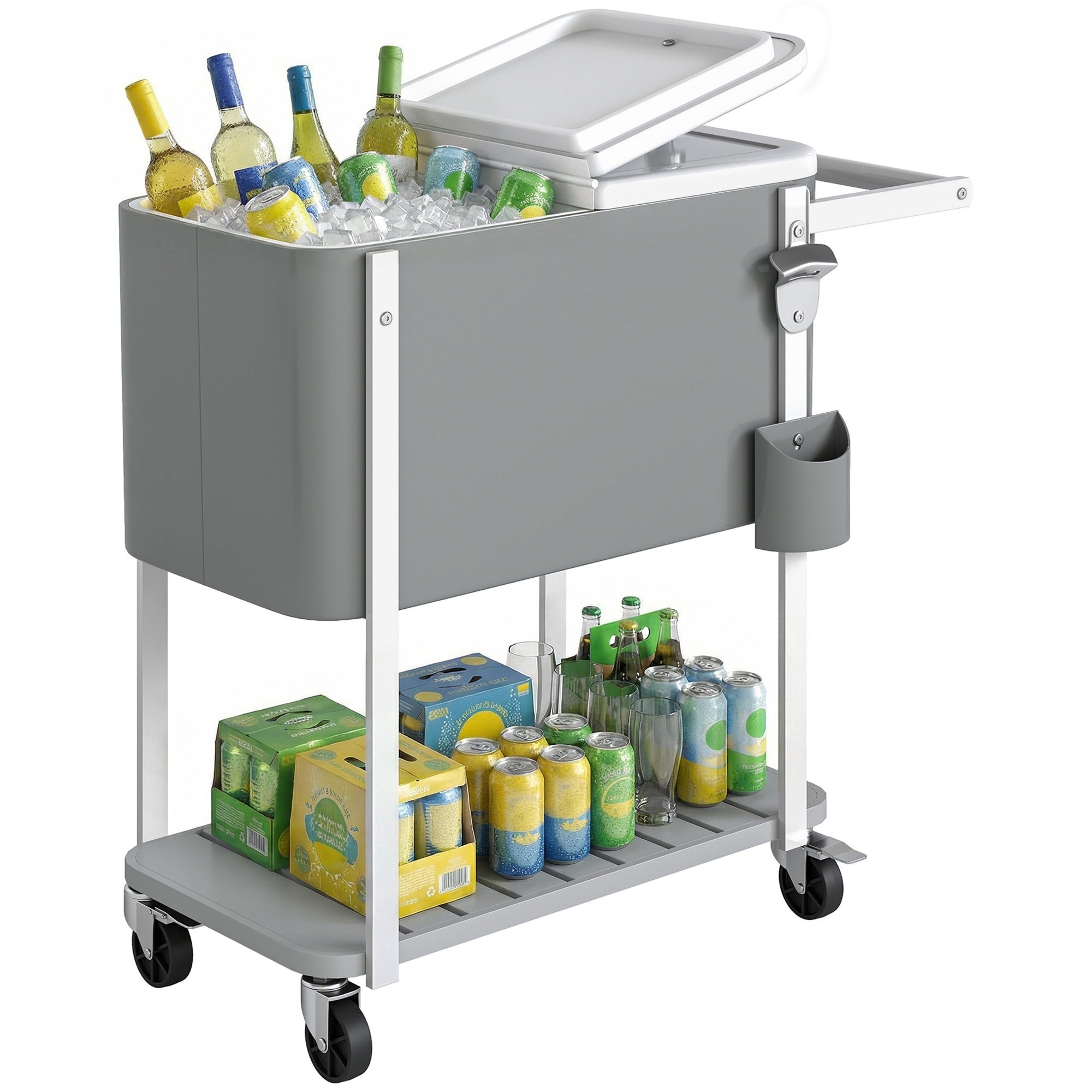56L wózek chłodzący z kołami, półka, otwieracz do butelek, pojemnik na kapsle, odpływ i uchwytem na patio Party, 84x38x83 cm, szary