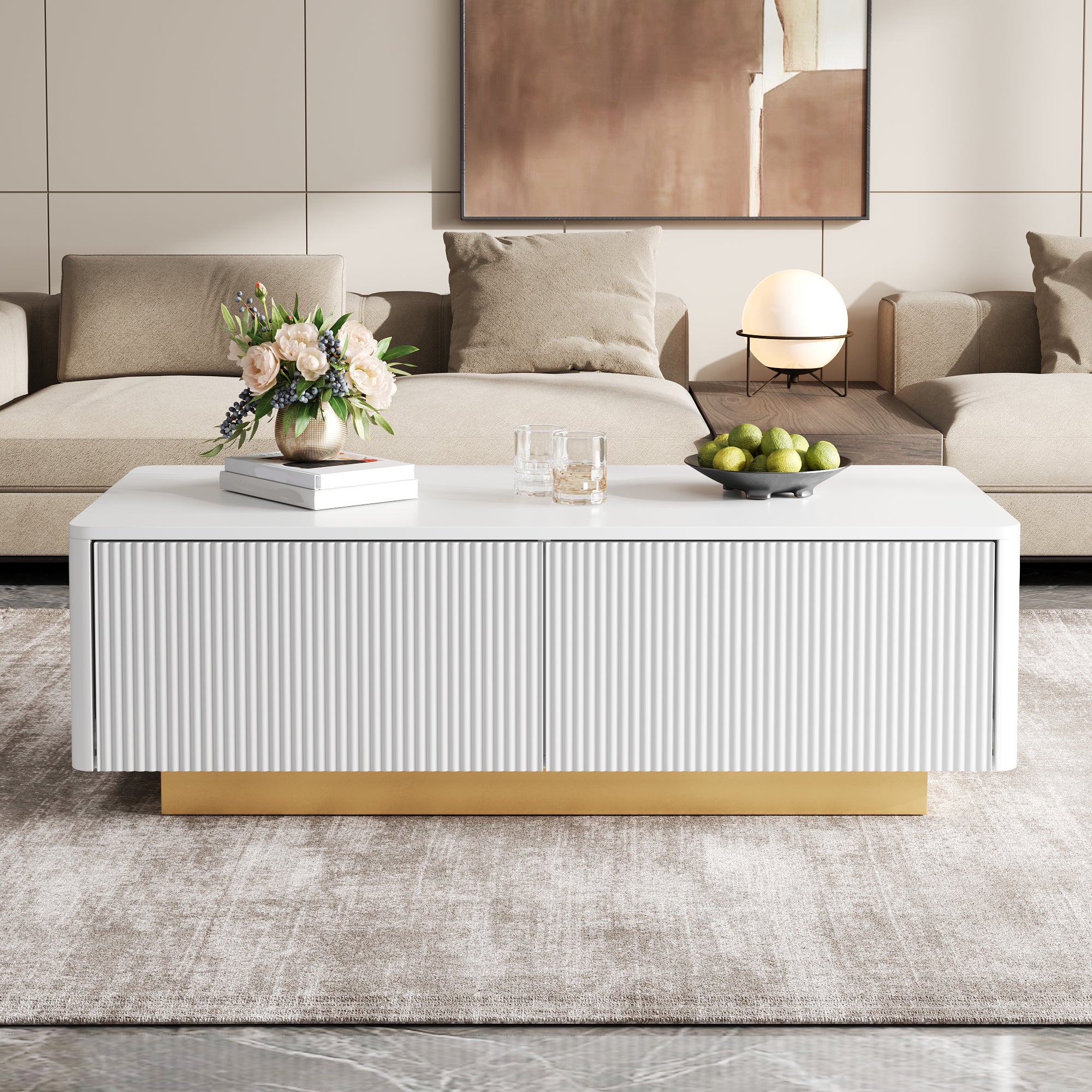 Stolik kawowy z 2 szufladami i ryflowanymi frontami – MDF i płyta wiórowa – 110 x 50 x 35 cm – Biały