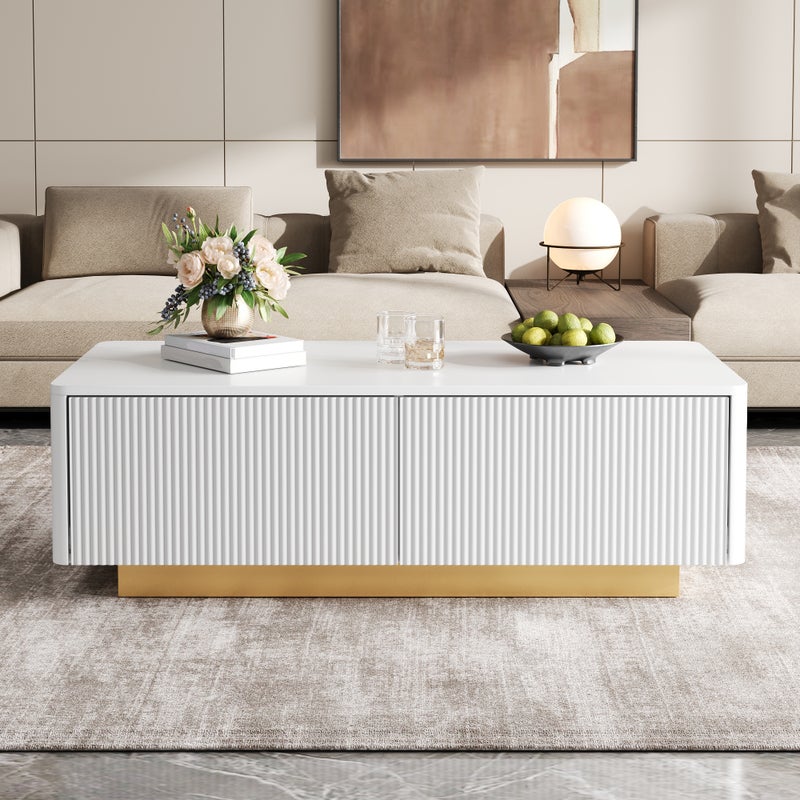 Stolik kawowy z 2 szufladami i ryflowanymi frontami – MDF i płyta wiórowa – 110 x 50 x 35 cm – Biały