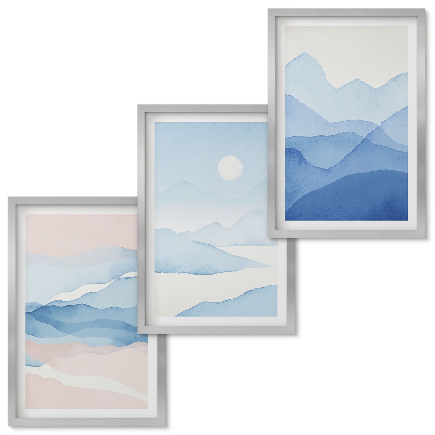 Zestaw obrazów w ramie - 3 części | Niebieskie i różowe pejzaże górskie w akwareli | Srebrna ramka