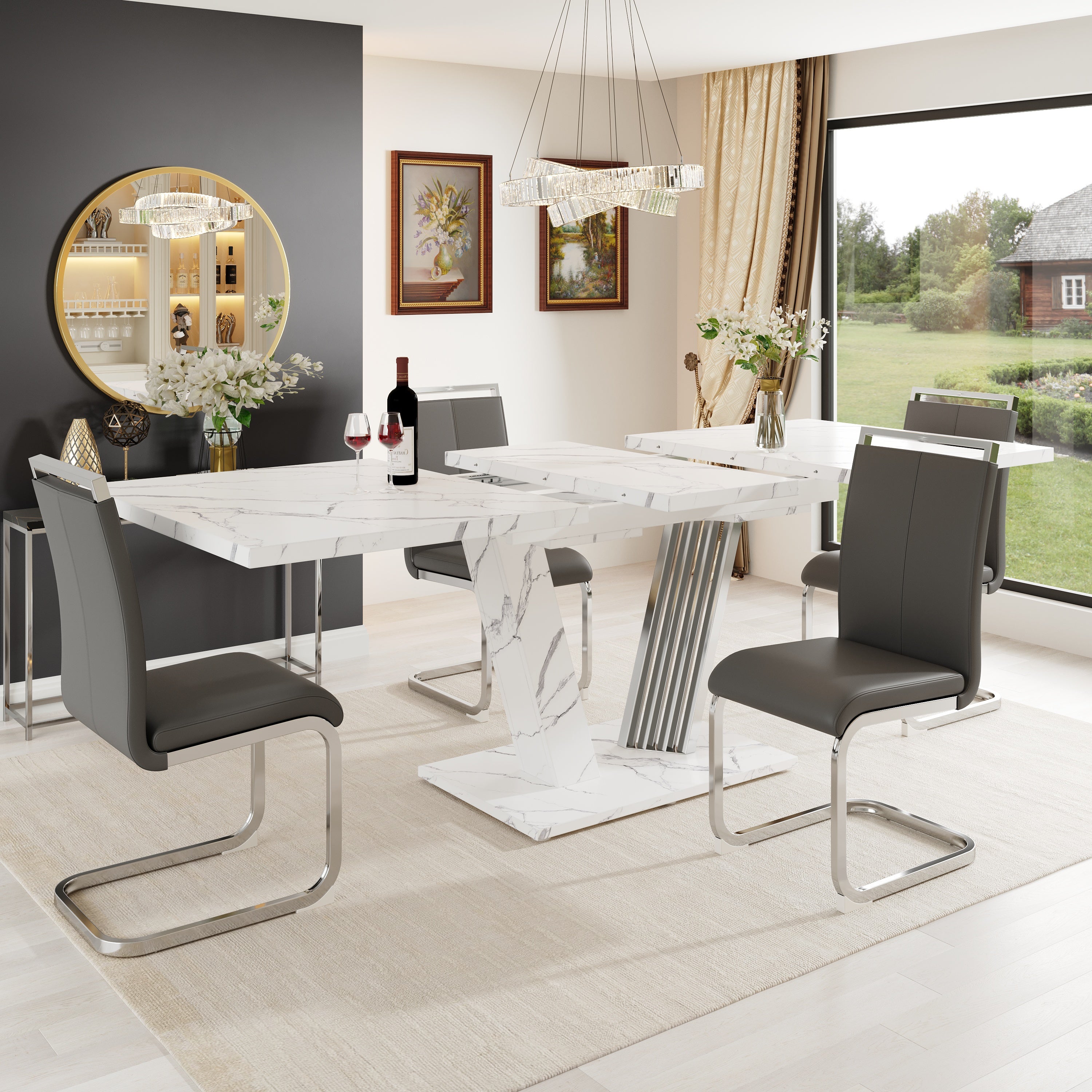 Rozkładany stół i 4 szare krzesła do jadalni ze skóry ekologicznej bez podłokietników - 120/160 x 80 x 76 cm - MDF + metal - Biały