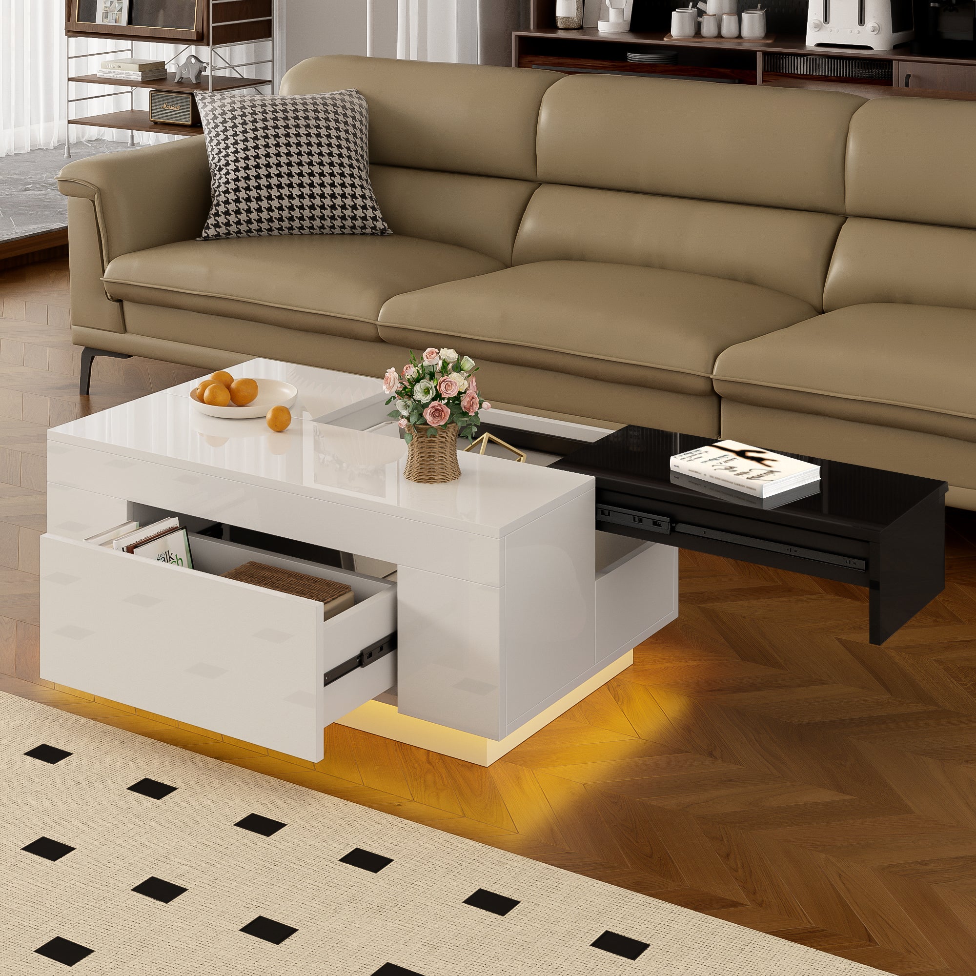 Błyszczący stolik kawowy z 1 szufladą i wysuwanym blatem - 80 x 50 x 35,5 cm - diody LED - płyta MDF - biały i czarny