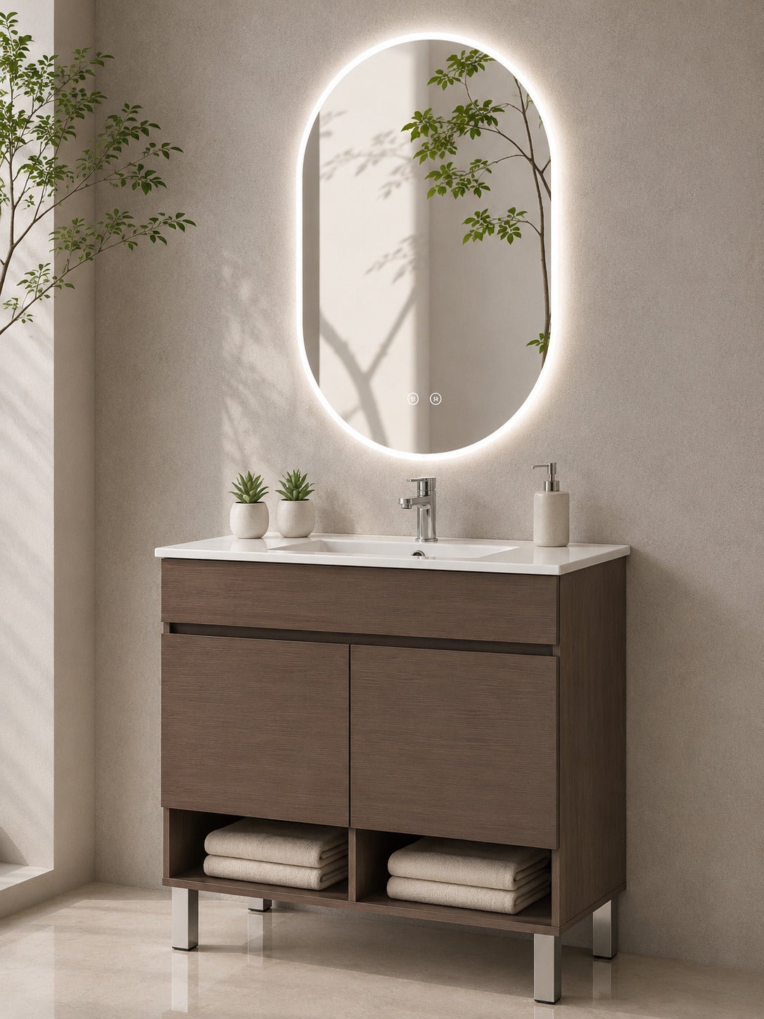 Szafka łazienkowa na nóżkach z umywalką ORIGENBATH NEBARI na nóżkach z drzwiami 60x35 cm jesion tea