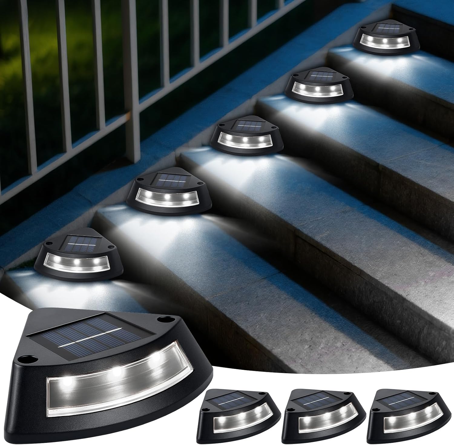 Zestaw 4 wodoodpornych lamp ogrodowych solarnych IP65, białe oświetlenie schodowe LED do ścieżki ogrodowej