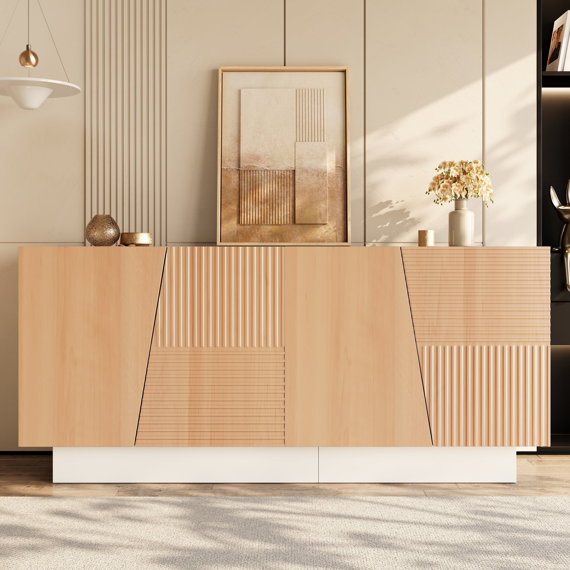 Komoda z 4 drzwiami z geometrycznym wzorem rowków - 160 x 40,5 x 72 cm - Płyta wiórowa i MDF - Regulowane półki - Kolor biały i naturalny