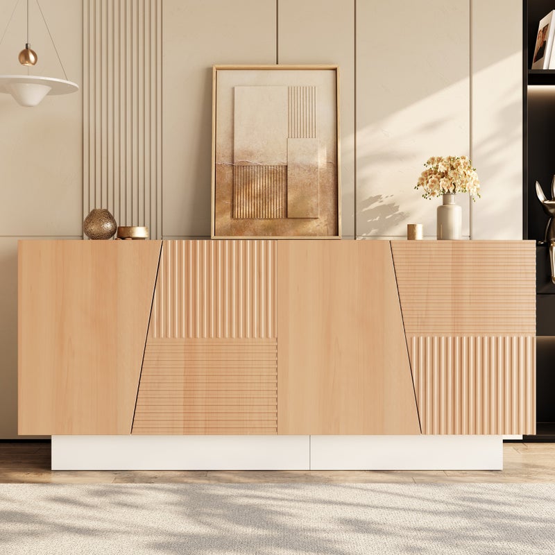 Komoda z 4 drzwiami z geometrycznym wzorem rowków - 160 x 40,5 x 72 cm - Płyta wiórowa i MDF - Regulowane półki - Kolor biały i naturalny