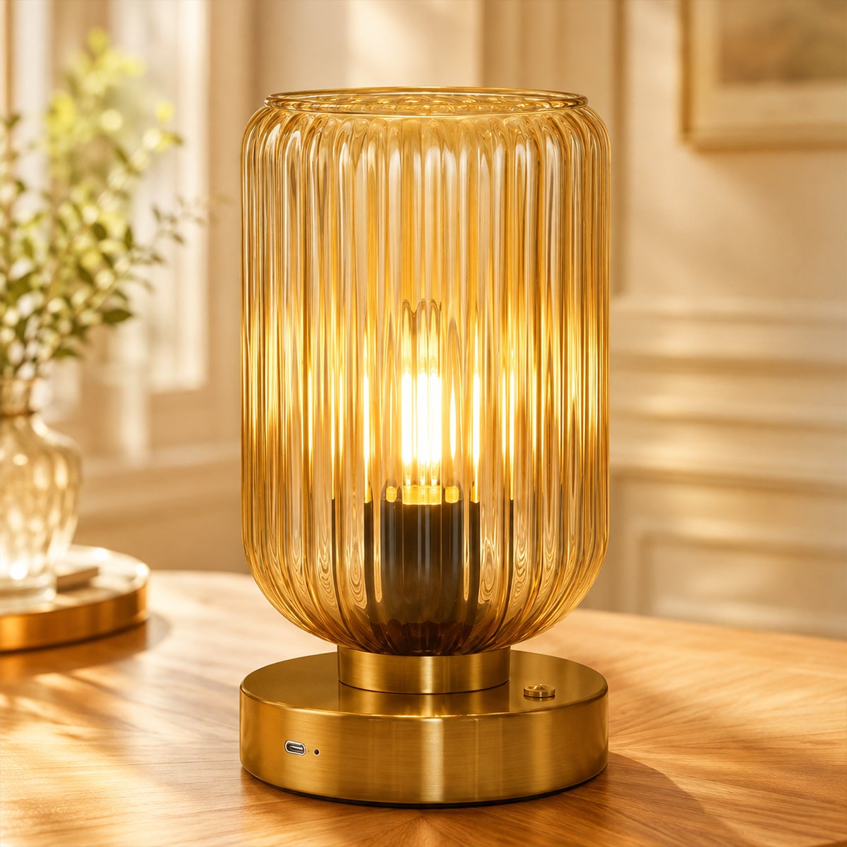 Lampka stołowa bezprzewodowa ładowalna, lampka nocna dotykowa ściemniana 7500 mAh, klosz z bursztynowego szkła ryflowanego, E27 3 W, złota podstawa