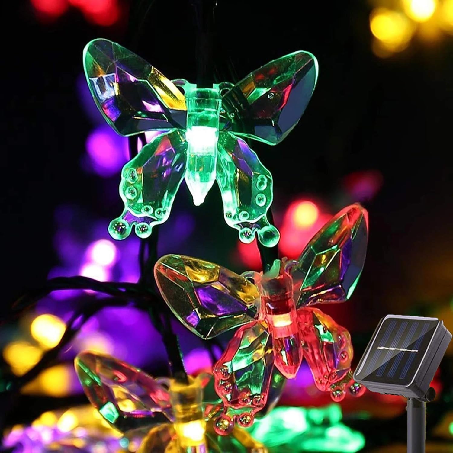 Zewnętrzne lampki solarne LED z 8 trybami oświetlenia do ogrodu, na patio i na imprezę (wielokolorowy motyl, 5 m/20 lampek)