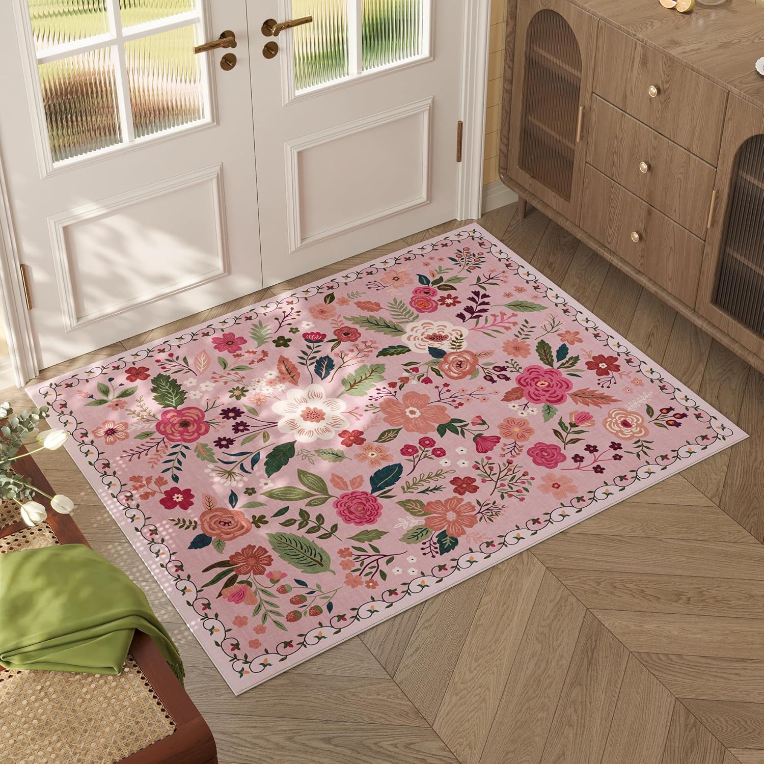Podkładka pod drzwi do wejścia wewnętrznego, dywan pralny, mały dywan kwiatowy w stylu bohema, antypoślizgowy dywan z krótkimi włosami（60*90cm）