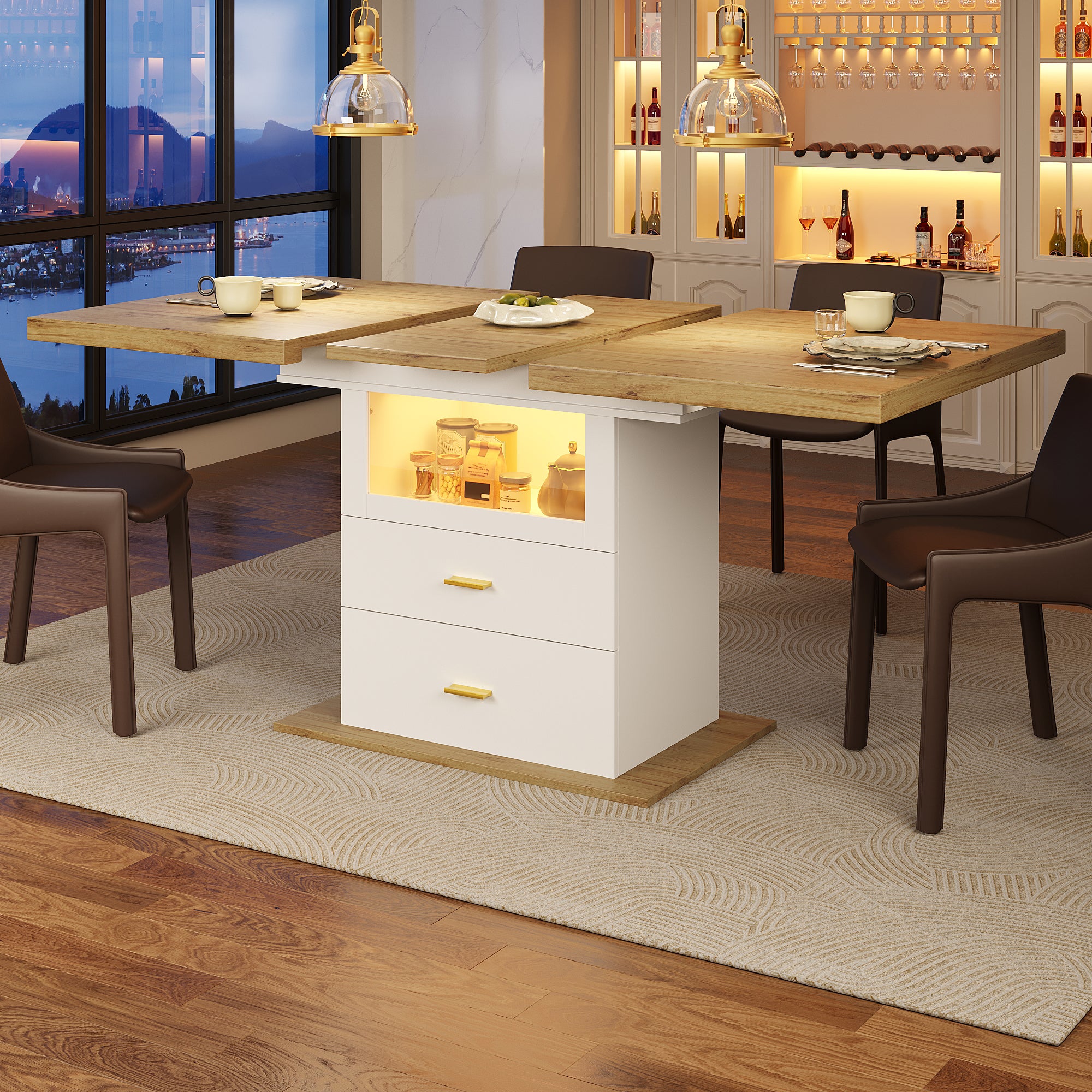 Rozkładany stół jadalny z oświetleniem LED, szklaną witryną i 2 szufladami – 110/140 x 80 x 75 cm – płyta MDF i metal – kolor biały i imitacja drewna