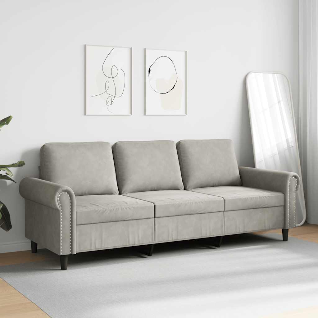 Sofa 3-osobowa, jasnoszara, 180 cm, tapicerowana aksamitem