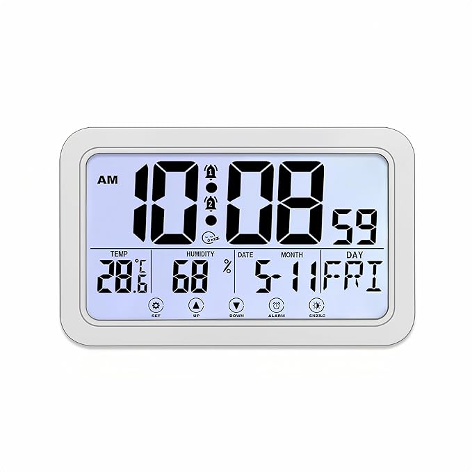 Budzik z ekranem dotykowym, z lampką nocną, pomiarem wilgotności i temperatury, wyświetlaniem dnia i daty, do zawieszenia lub postawienia