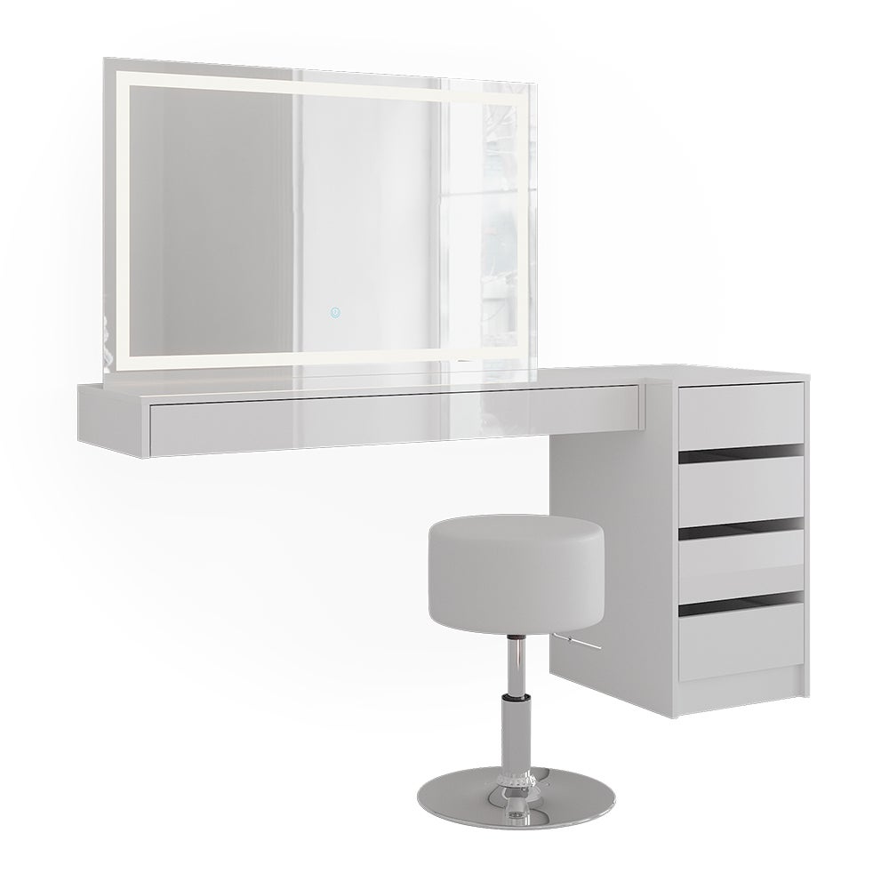 Vicco Stół do toalety Sherry, Biały, 160.2 cm z lustrem LED, taboretem i szafką z szufladami