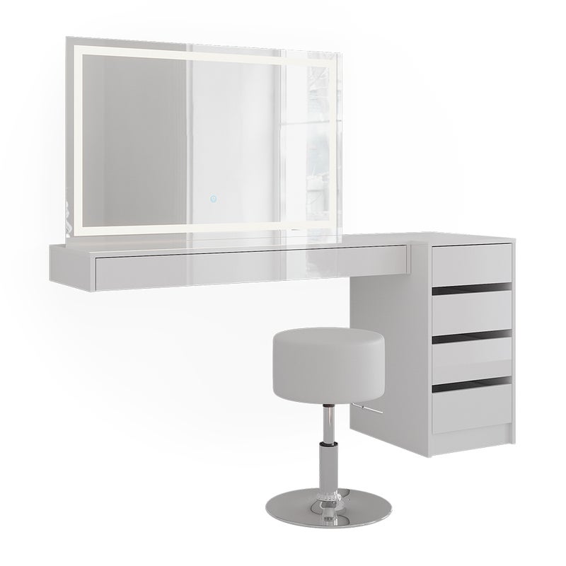 Vicco Stół do toalety Sherry, Biały, 160.2 cm z lustrem LED, taboretem i szafką z szufladami