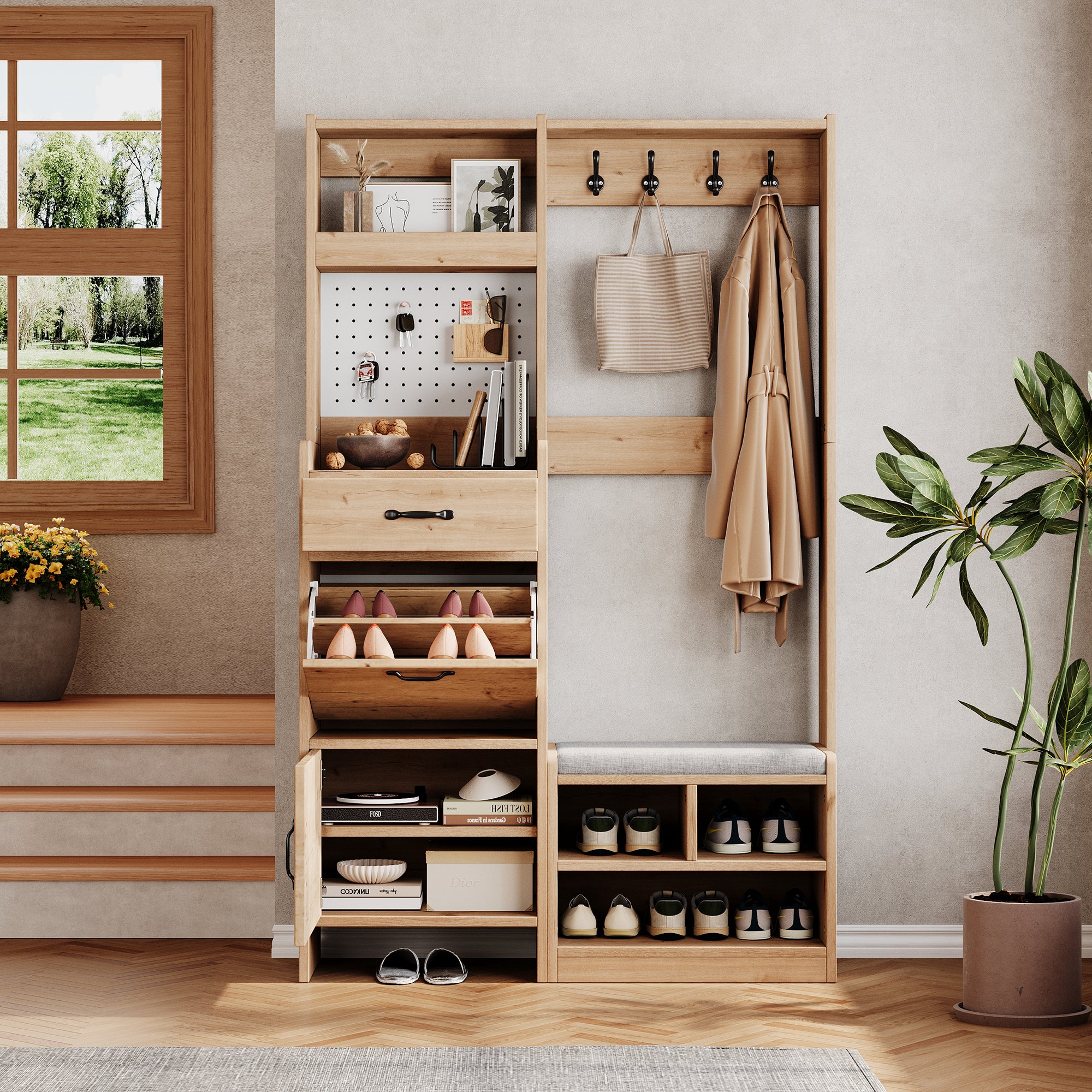 Nowoczesna szafa na hol 80x35x185cm - z 1 szufladą i 2 frontami - z ławką na buty i szafką na buty - Kolor naturalny