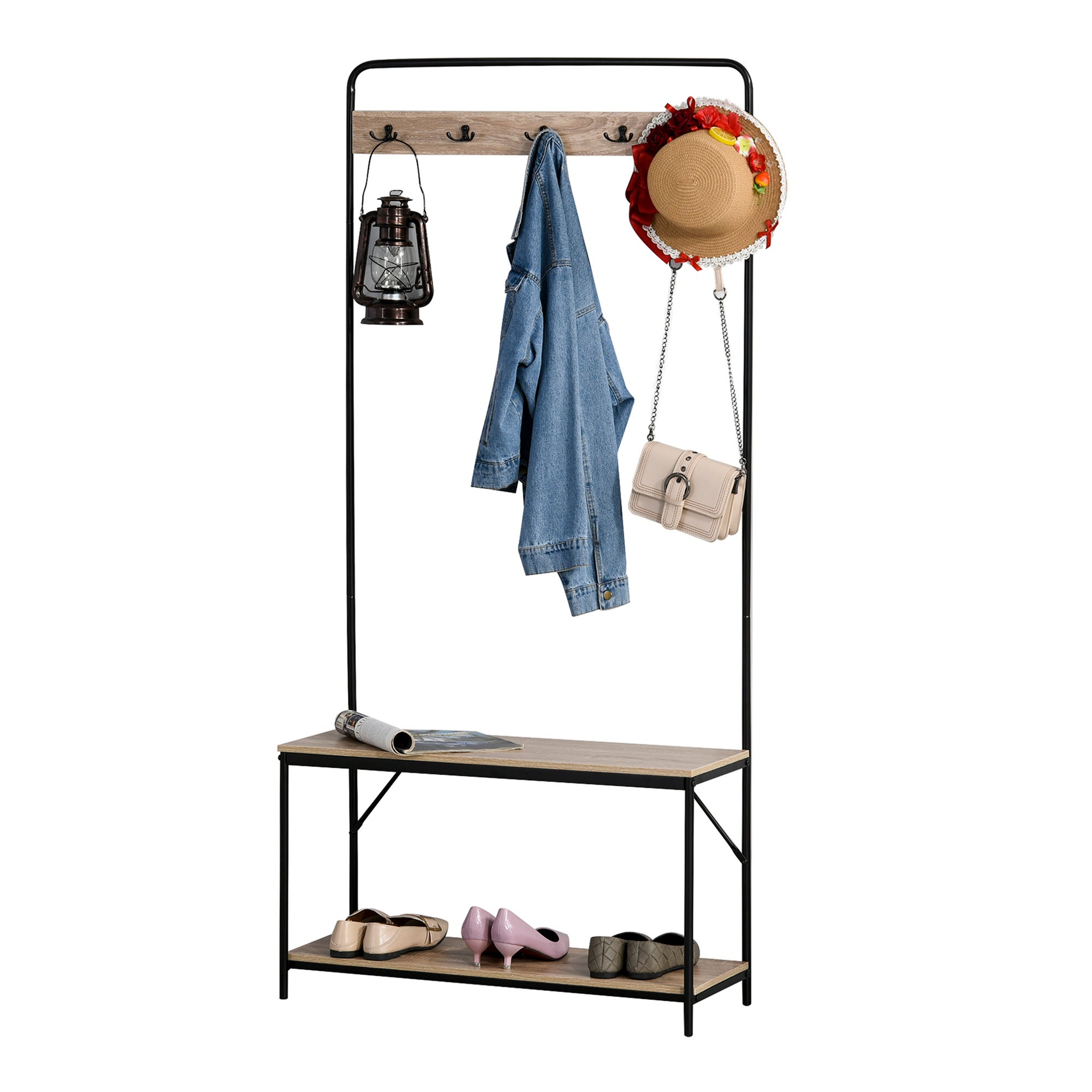Wieszak na ubrania 3 w 1 w stylu industrialnym z ławką i półką na buty, szafka wejściowa w stylu vintage z drewna i stali, 80,5 x 30 x 170 cm