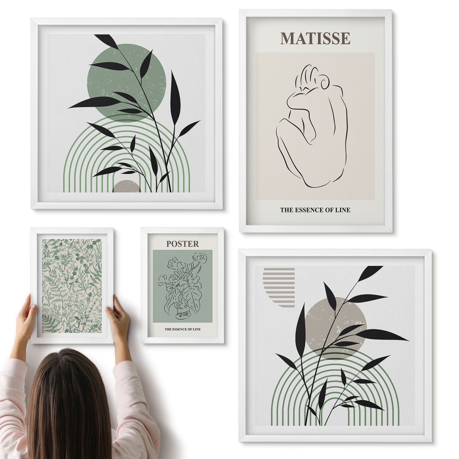 Galeria ścienna 5-częściowy komplet obrazów w białych ramach - Stylowe grafiki z roślinnymi motywami i liniami - ArtPrintCave