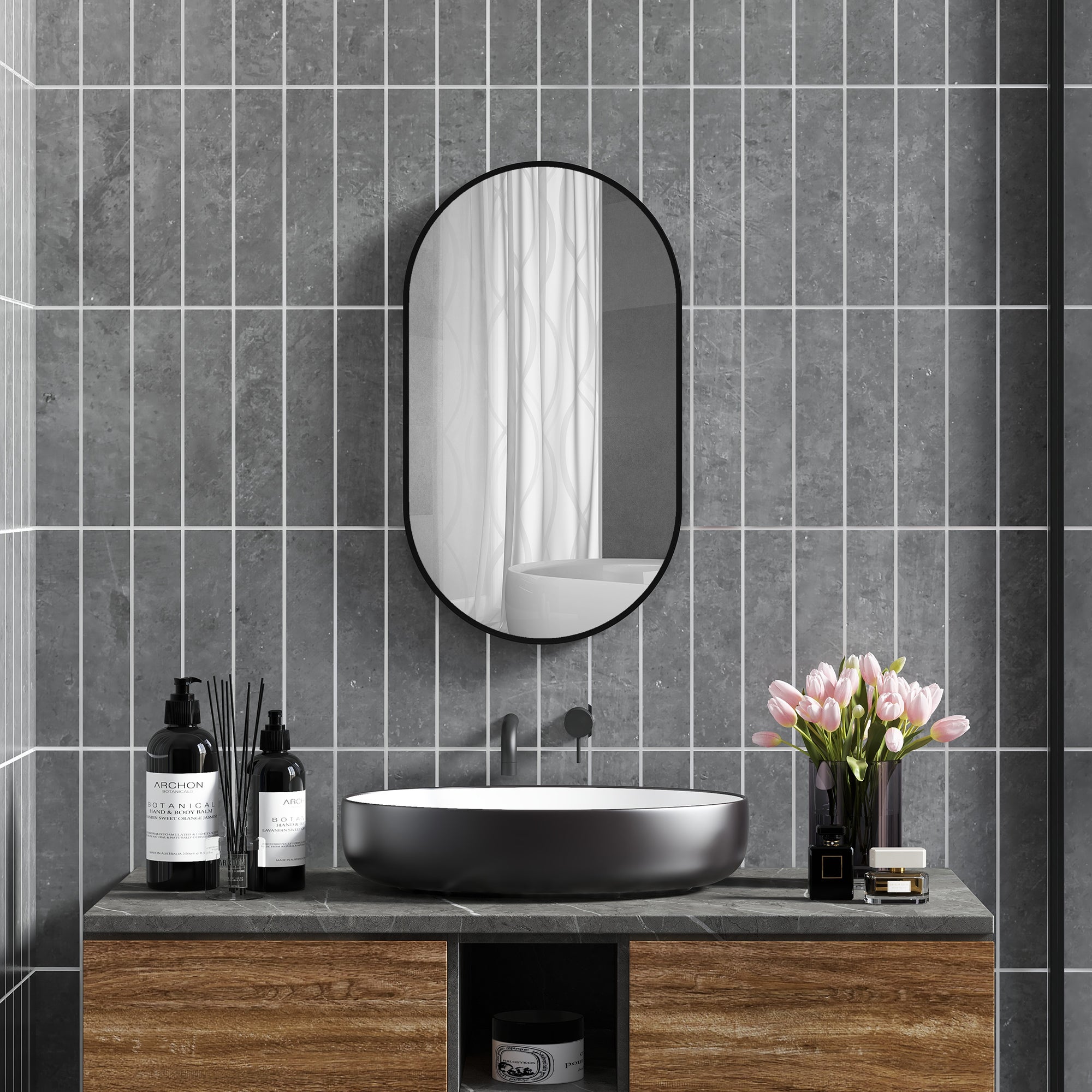 Owalne lustro ścienne rama aluminiowa czarna 40x70 cm minimalistyczny design do łazienki