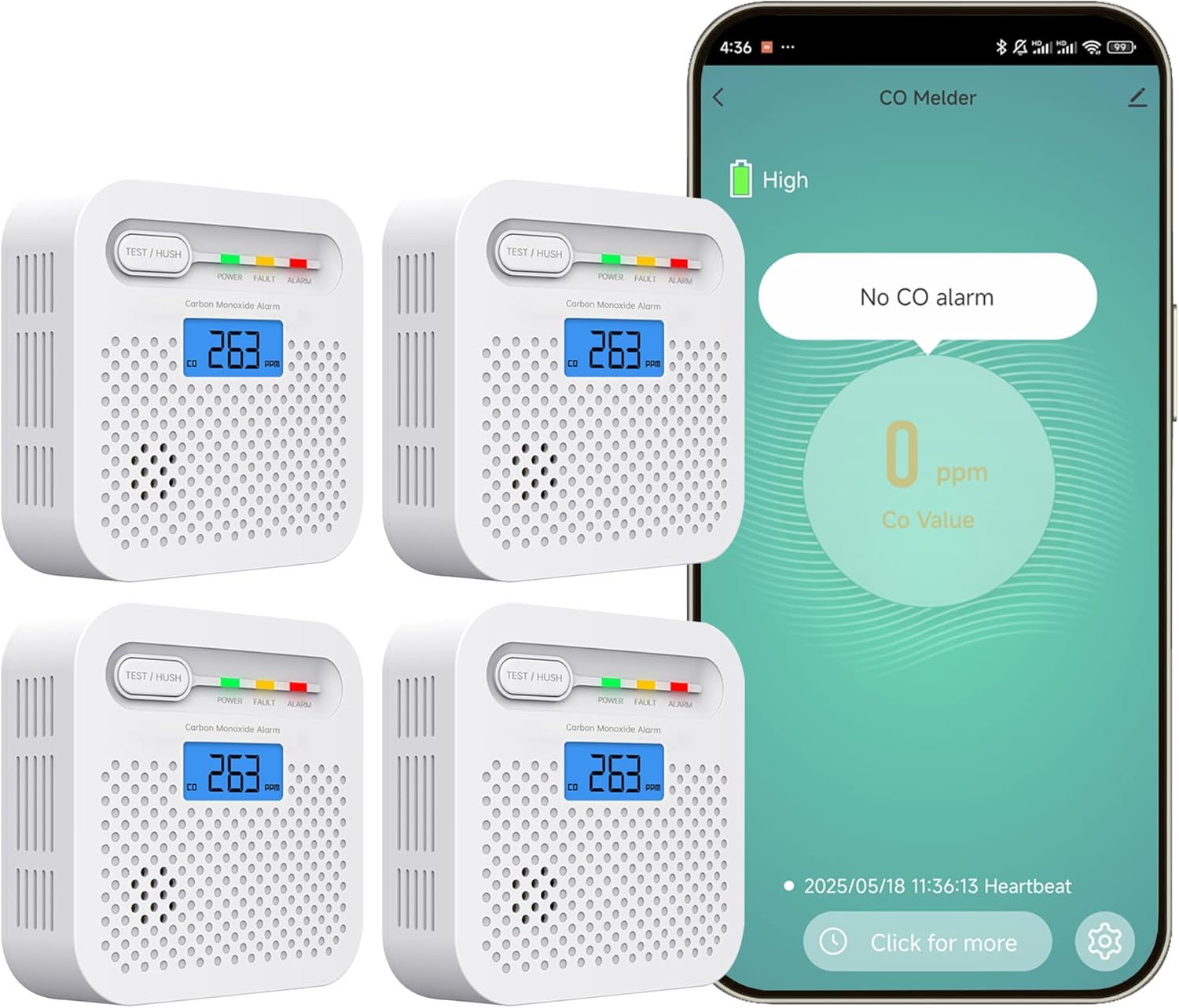 Inteligentny czujnik tlenku węgla, domowy alarm Wi-Fi, opakowanie 4 szt.