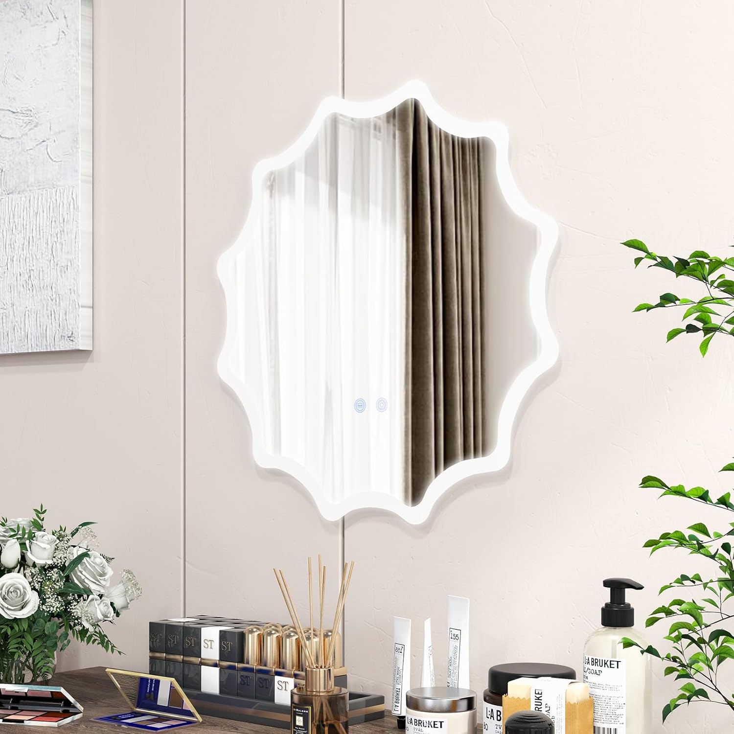 Lustro łazienkowe z funkcją ogrzewania lustra, falowane lustro LED, możliwość ściemniania, lustro łazienkowe 3000-6500 K, lustro ścienne 60 x 60 cm