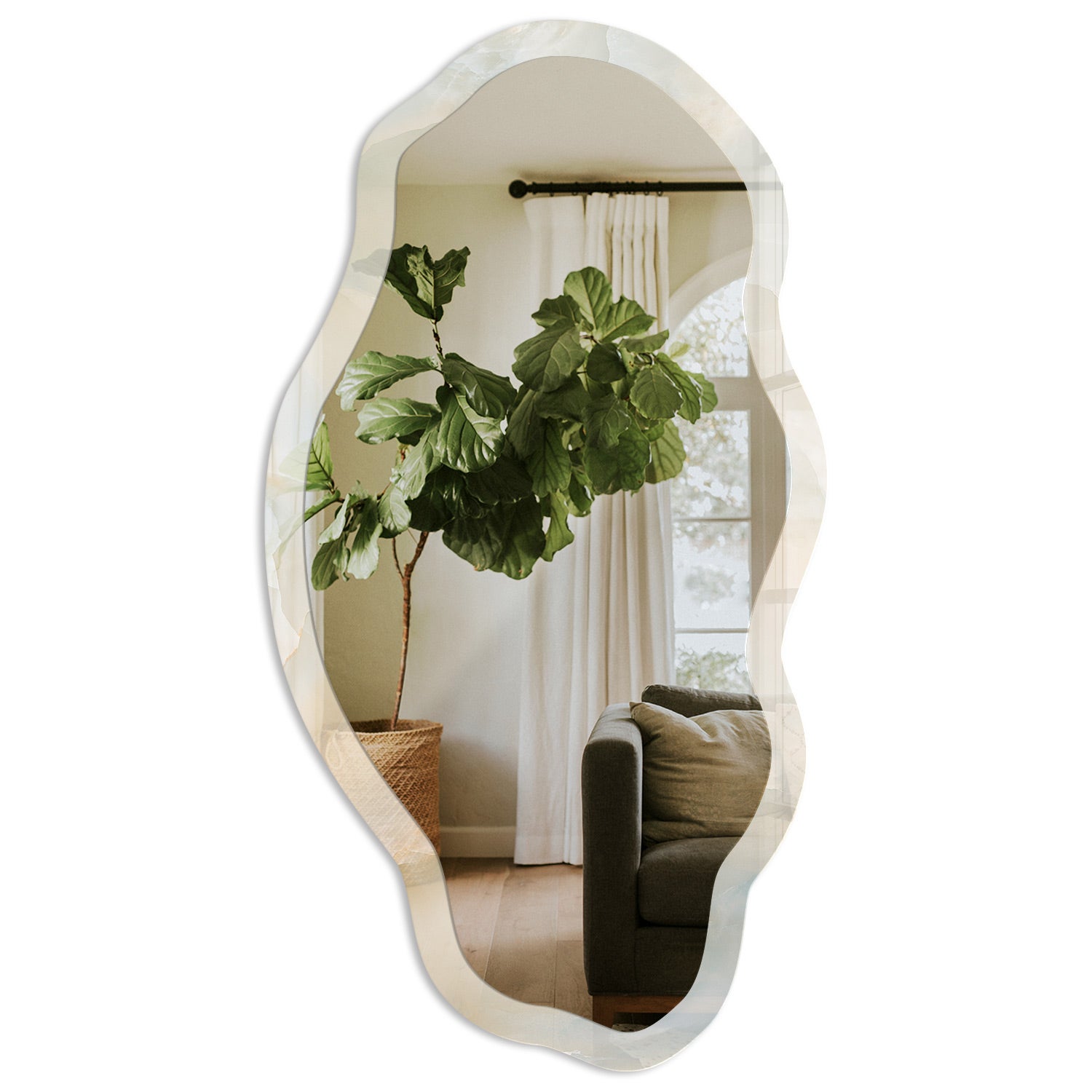 Eleganckie lustro ścienne w szklanej ramie z printem - Kremowy spokój 52x97cm