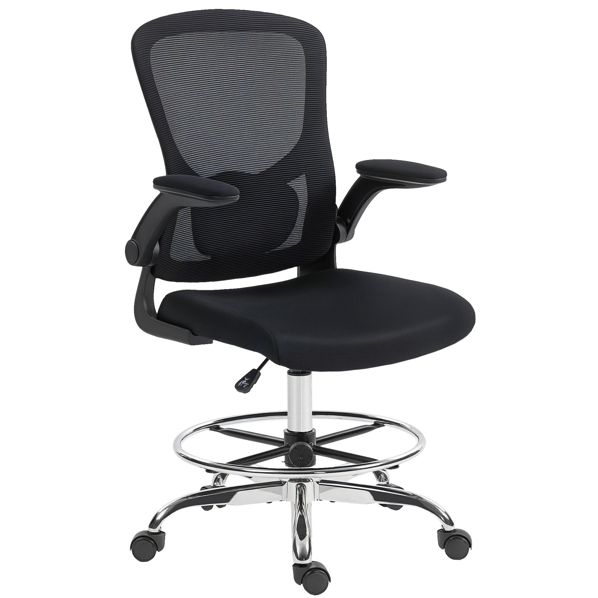 Ergonomiczny fotel biurowy, krzesło kreślarskie, podparcie lędźwiowe 4D, podnoszone podłokietniki, 60 x 60 x 108-132 cm, kolor czarny