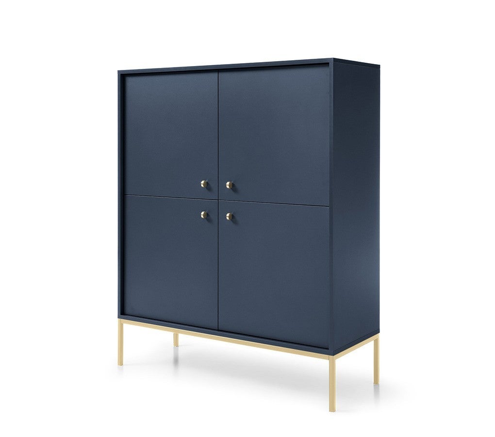 Czterodrzwiowa komoda MOLLY 104 cm granatowa złoty stelaż 8 półek