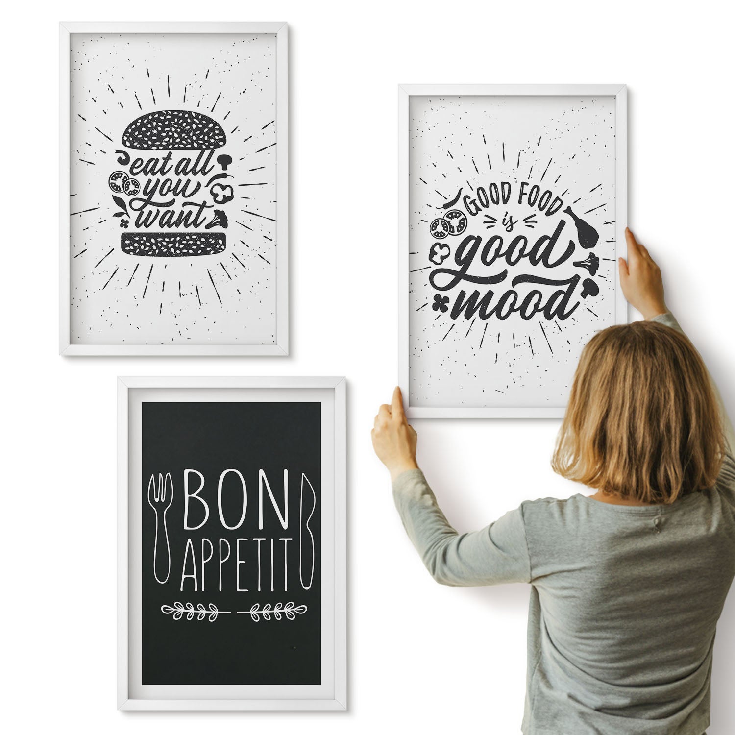 Galeria ścienna 3-częściowy komplet obrazów w białych ramach - Grafika z jedzeniem i hasłami kulinarnymi - ArtPrintCave